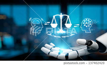 Futuristic robot hand displaying scales of justice and AI concepts, symbolizing the balance between technology and ethics in the digital age Synapse 137402420