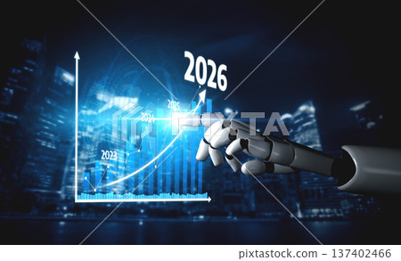 Futuristic robotic hand interacting with digital financial data and growth projections in a modern cityscape under a night sky. Tessel Futuristic robotic hand interacting with digital financial data and growth projections in a modern cityscape under a night sky. Tessel 137402466