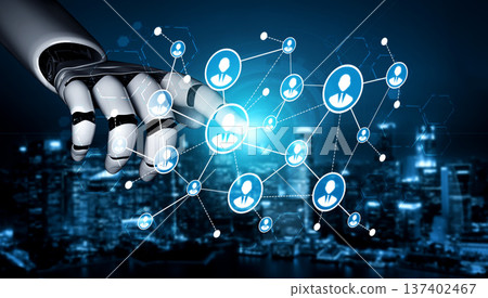 Futuristic Robot Hand Interacting with Digital Network of Human Icons Displaying Connectivity and Technology in Urban Background. Tessel Futuristic Robot Hand Interacting with Digital Network of Human Icons Displaying Connectivity and Technology in Urban Background. Tessel 137402467