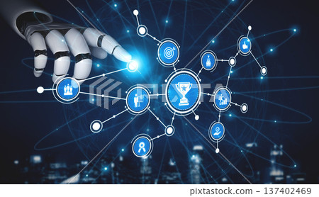 Futuristic Robotic Hand Interacting with Digital Icons Representing Technology, Data, Success, and Innovation in Abstract Network Concept. Tessel Futuristic Robotic Hand Interacting with Digital Icons Representing Technology, Data, Success, and Innovation in Abstract Network Concept. Tessel 137402469