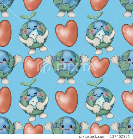 Seamless pattern World Water Day Cute water and planet earth character with emotions Hand drawn. For menus,paper, textiles and seasonal fabric. 137402535