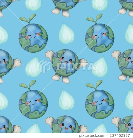 Seamless pattern World Water Day Cute water and planet earth character with emotions Hand drawn. For menus,paper, textiles and seasonal fabric. 137402537