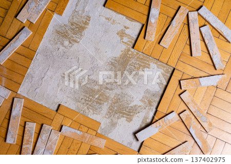 Parquet Floor Renovation Site with Old Wooden Blocks Parquet Floor Renovation Site with Old Wooden Blocks 137402975