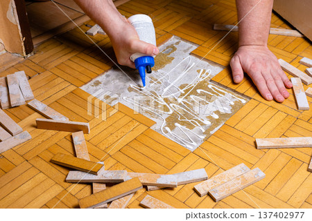Hand Applying Glue for Parquet Floor Repair and Fixing Hand Applying Glue for Parquet Floor Repair and Fixing 137402977