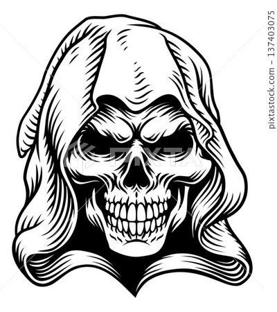 Grim Reaper Skull Vintage Woodcut Engraving Style 137403075