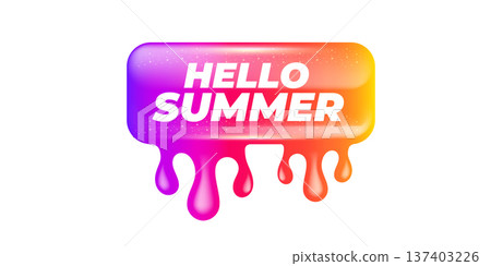 Hello Summer lettering on colorful dripping background. Hello summer Neon pink, orange and purple gradient banner with melting paint liquid drops for seasonal promotion isolated on white. Vector 137403226