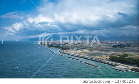 As spring approaches, offshore wind turbines and other facilities along the Toyama Bay coast 137403232