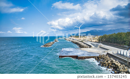 As spring approaches, offshore wind turbines and other facilities along the Toyama Bay coast 137403245