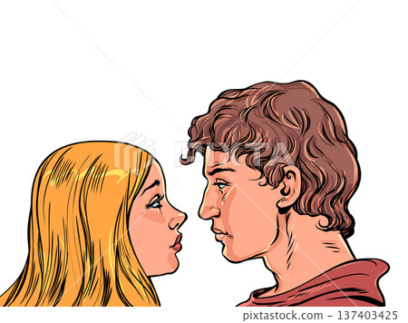 A girl and a guy opposite each other. Romantic relationships. Business proposals for young couples. 137403425