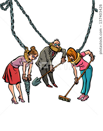 People in chains work. Modern slavery in companies. Problems finding work. People in chains work. Modern slavery in companies. Problems finding work. 137403426