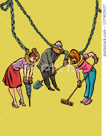 People in chains work. Modern slavery in companies. Problems finding work. 137403427