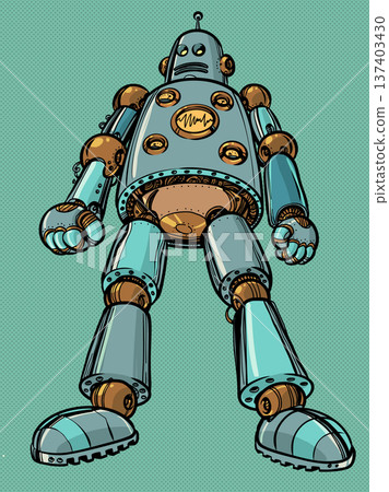 A vintage robot stands still. Artificial intelligence is growing. Fear of AI in the world. A vintage robot stands still. Artificial intelligence is growing. Fear of AI in the world. 137403430