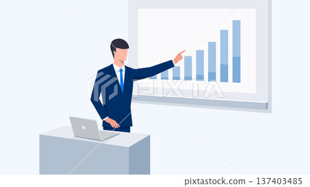 向量圖,描繪一名男子正在做演示,同時指著螢幕上的圖表。 向量圖,描繪一名男子正在做演示,同時指著螢幕上的圖表。 137403485