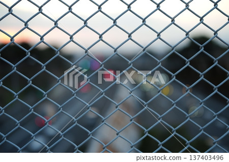 The blurred lights of cars and the evening sky seen through a chain link fence The blurred lights of cars and the evening sky seen through a chain link fence 137403496