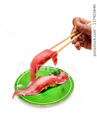 Top view of Fresh Tuna fish or Otoro with chopsticks in the red plate, focus selective 137403646