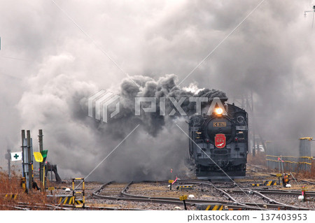 蒸汽機車牽引的「冬季濕地」號列車正從車輛段駛往釧路站。千茂本線。蒸汽機車列車。 C11 171。 137403953