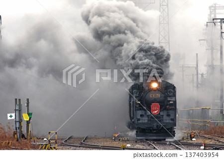 蒸汽機車牽引的「冬季濕地」號列車正從車輛段駛往釧路站。千茂本線。蒸汽機車列車。 C11 171。 蒸汽機車牽引的「冬季濕地」號列車正從車輛段駛往釧路站。千茂本線。蒸汽機車列車。 C11 171。 137403954
