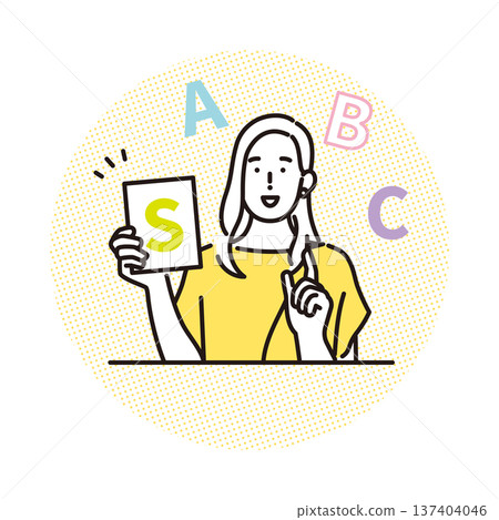 Simple illustration of a female teacher teaching English by showing alphabet cards in an English conversation lesson Simple illustration of a female teacher teaching English by showing alphabet cards in an English conversation lesson 137404046