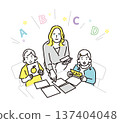 Simple illustration of children learning English using alphabet cards and a foreign teacher 137404048