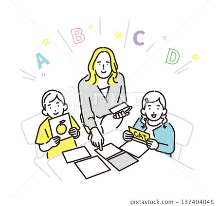 Simple illustration of children learning English using alphabet cards and a foreign teacher 137404048