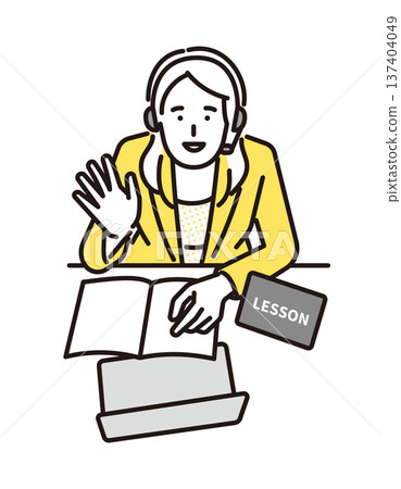Simple illustration of a female instructor giving an online English conversation lesson. Image of English learning. Vector illustration 137404049