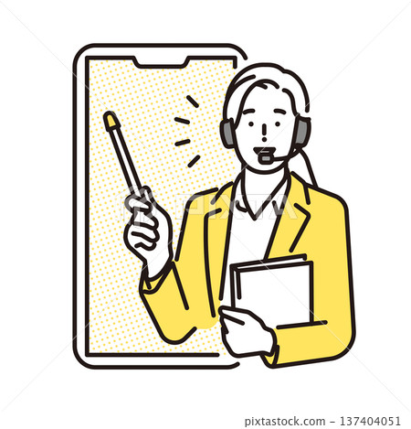 一個簡單的插圖,展示了一位線上英語老師在智慧型手機上進行英語會話課程。 一個簡單的插圖,展示了一位線上英語老師在智慧型手機上進行英語會話課程。 137404051