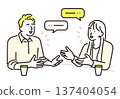 Simple illustration of a man and woman conversing in English. Image of English conversation communication. Vector illustration 137404054