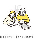 Simple illustration of a student and female teacher receiving private tutoring. Image of one-on-one learning. 137404064