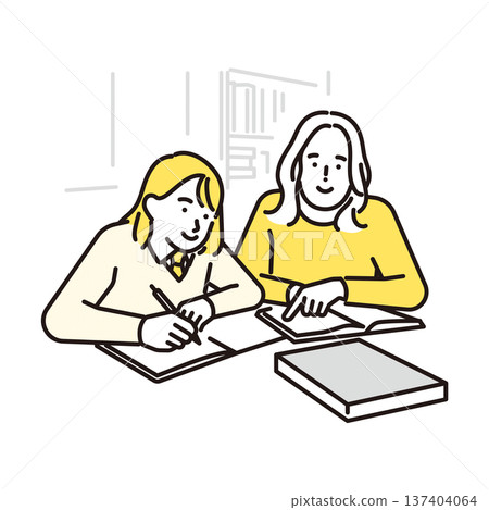 Simple illustration of a student and female teacher receiving private tutoring. Image of one-on-one learning. Simple illustration of a student and female teacher receiving private tutoring. Image of one-on-one learning. 137404064