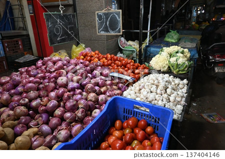 Vegetable section in a market in Bangalore Vegetable section in a market in Bangalore 137404146