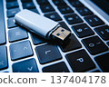 USB flash drive lying on a laptop keyboard as a concept of cyber security and digital data protection 137404178