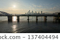 Aerial cinematic sunrise over Seonyudo Park and Hangang River with Yeouido skyline, Seoul. 137404494