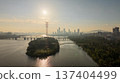 Aerial cinematic sunrise over Seonyudo Park and Hangang River with Yeouido skyline, Seoul. 137404499