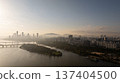 Aerial cinematic sunrise over Seonyudo Park and Hangang River with Yeouido skyline, Seoul. 137404500