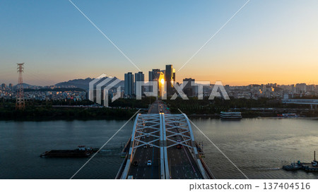 Aerial cinematic sunrise over Seonyudo Park and Hangang River with Yeouido skyline, Seoul. 137404516