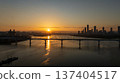 Aerial cinematic sunrise over Seonyudo Park and Hangang River with Yeouido skyline, Seoul. 137404517
