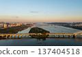 Aerial cinematic sunrise over Seonyudo Park and Hangang River with Yeouido skyline, Seoul. 137404518