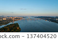 Aerial cinematic sunrise over Seonyudo Park and Hangang River with Yeouido skyline, Seoul. 137404520