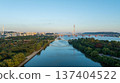 Aerial cinematic sunrise over Seonyudo Park and Hangang River with Yeouido skyline, Seoul. 137404522