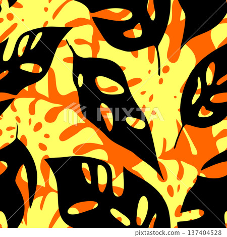 seamless black and yellow pattern from the contours of tropical leaves on an orange background, texture, design 137404528