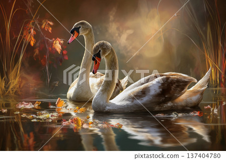 兩隻天鵝在湖裡游泳 137404780