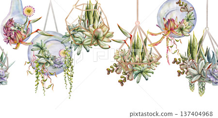 Watercolor rosette succulents in geometric wire planters, glass orb bubbles and bulbs, hanging gardens hand drawn in watercolor. Seamless botanical banner for design agencies, modern lifestyle blogs. Watercolor rosette succulents in geometric wire planters, glass orb bubbles and bulbs, hanging gardens hand drawn in watercolor. Seamless botanical banner for design agencies, modern lifestyle blogs. 137404968