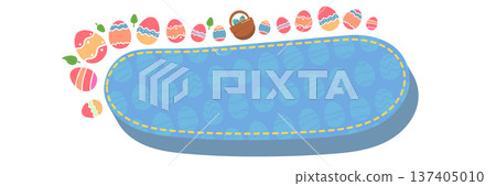 Easter eggs frame banner. Blue oval patch for text surrounded by colorful decorated eggs and green leaves. Festive spring background for holiday sale and greeting isolated on white background. 137405010