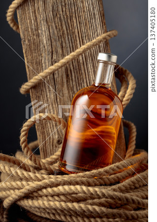 Bottle of strong alcoholic beverage against the backdrop of an old weathered board and hemp rope. 137405180