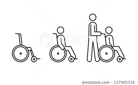 Icon set of people who move or push their wheelchairs themselves Icon set of people who move or push their wheelchairs themselves 137405310