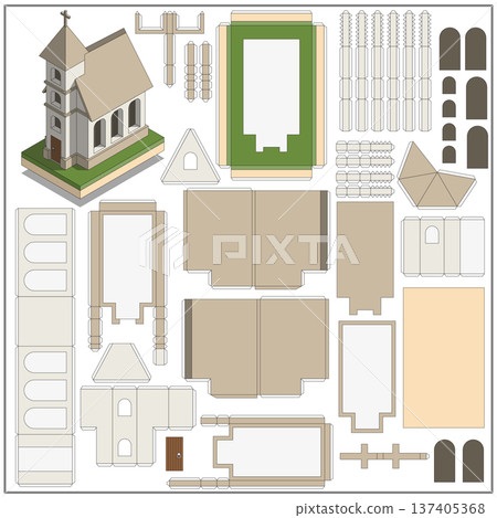 Church. A set for making a paper model. Isolated on white background. Vector illustration. Church. A set for making a paper model. Isolated on white background. Vector illustration. 137405368