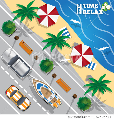 The road along the beach. Boat on a trailer. View from above. Vector illustration. 137405374