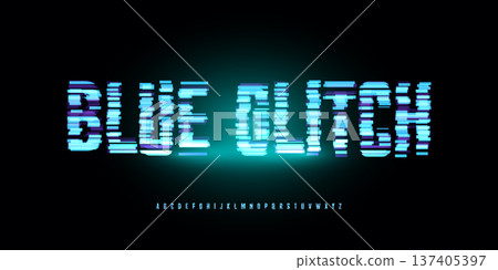Digital Glitch Font Logo Alphabet Button, Turquoise Neon Glowing Light Future Noise Effect Letter Signs Set, Computer Game Typographic Design, Interface Headline Title, Blue Bold Text. Vector Typeset 137405397