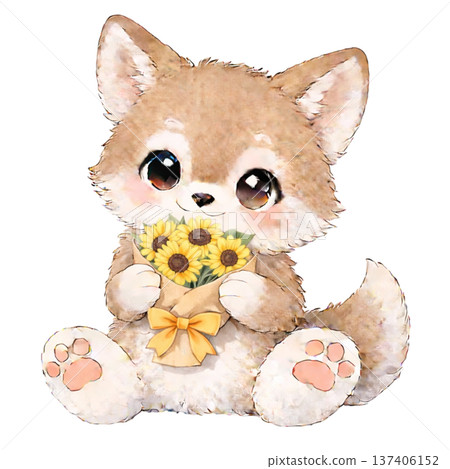 【夏季】一隻郊狼叼著一束向日葵的插圖 137406152