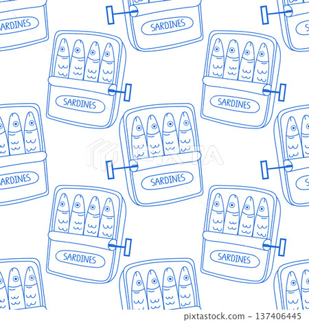 A cute seamless pattern with blue open sardine cans . Backdrop, wallpaper, fabric, notebook cover template 137406445